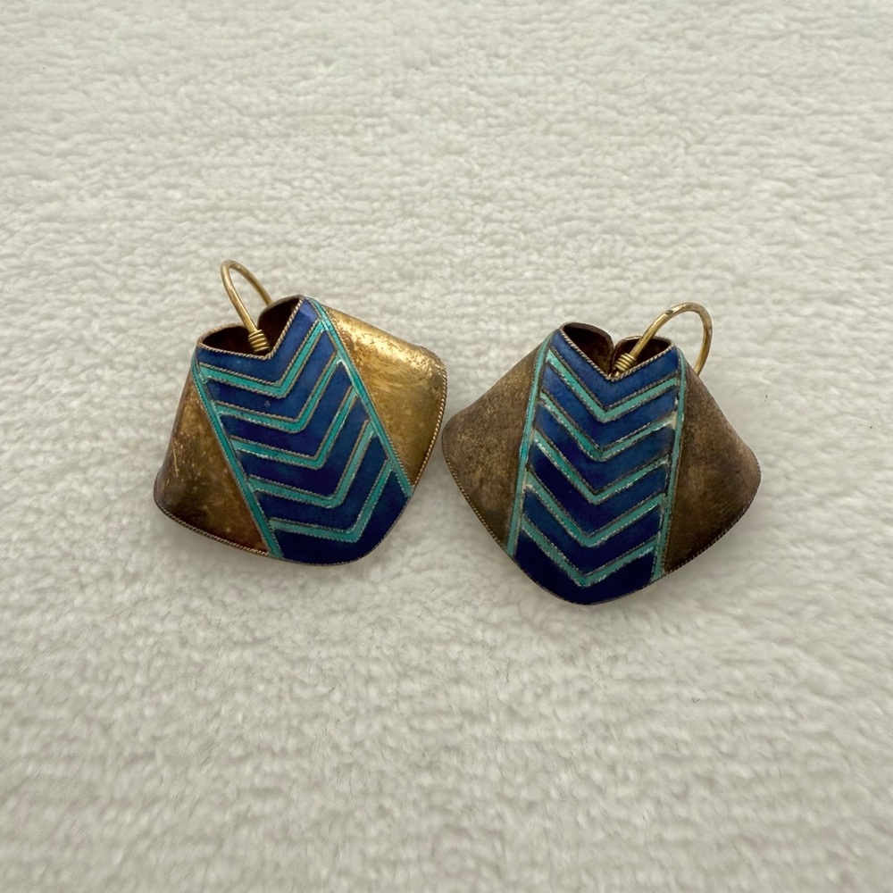VTG Mexican Sterling Silver 925 Enamel Chevron Earrings Modernist Art Revival